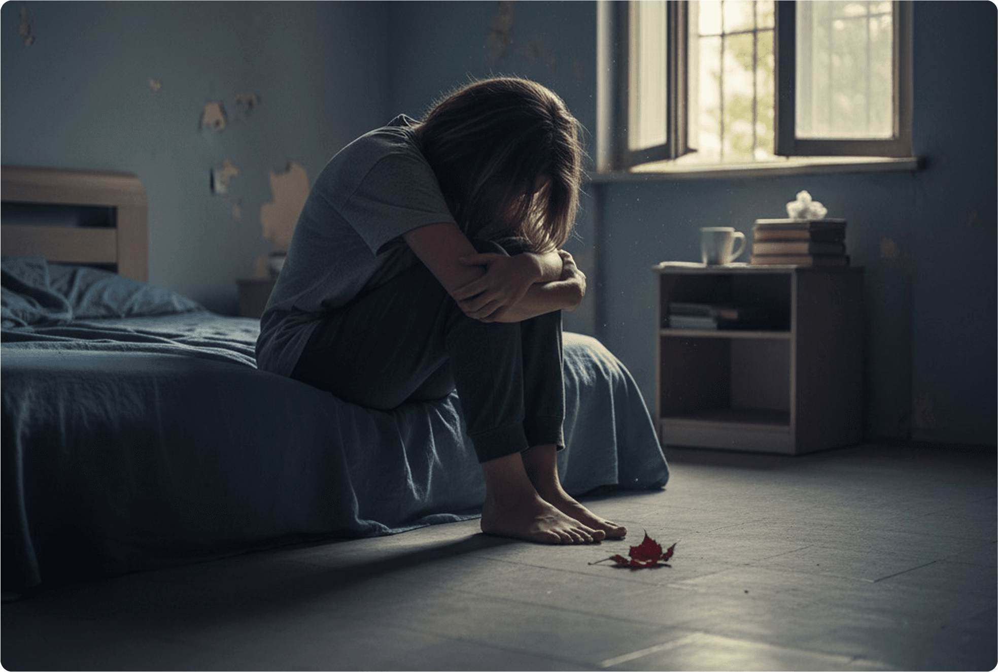 Pessoa com depressão isolada em seu quarto.